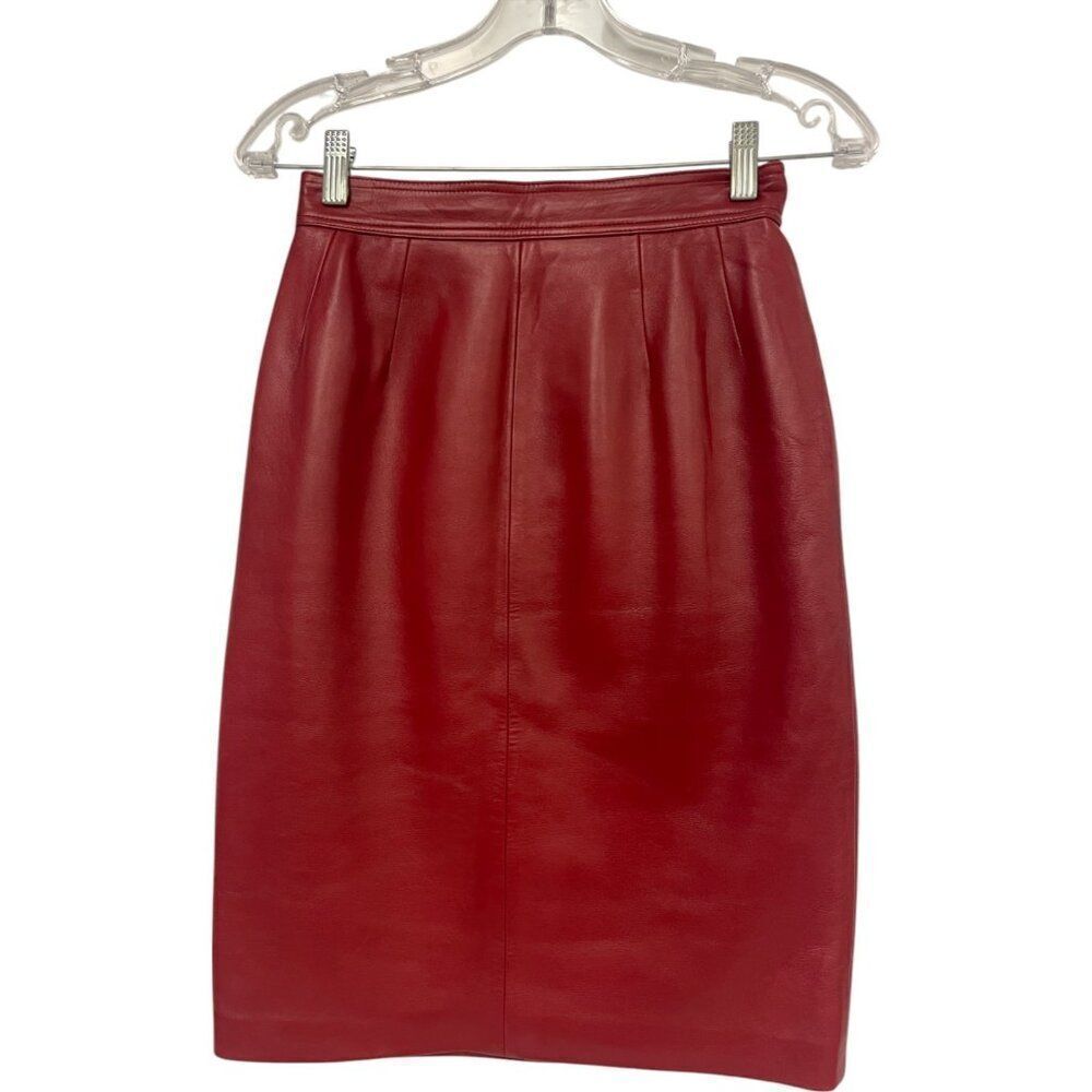 Loewe Womens Nappa Leather Skirt EU 38 US M 4 6 Red Pencil Vintage Knee Length
